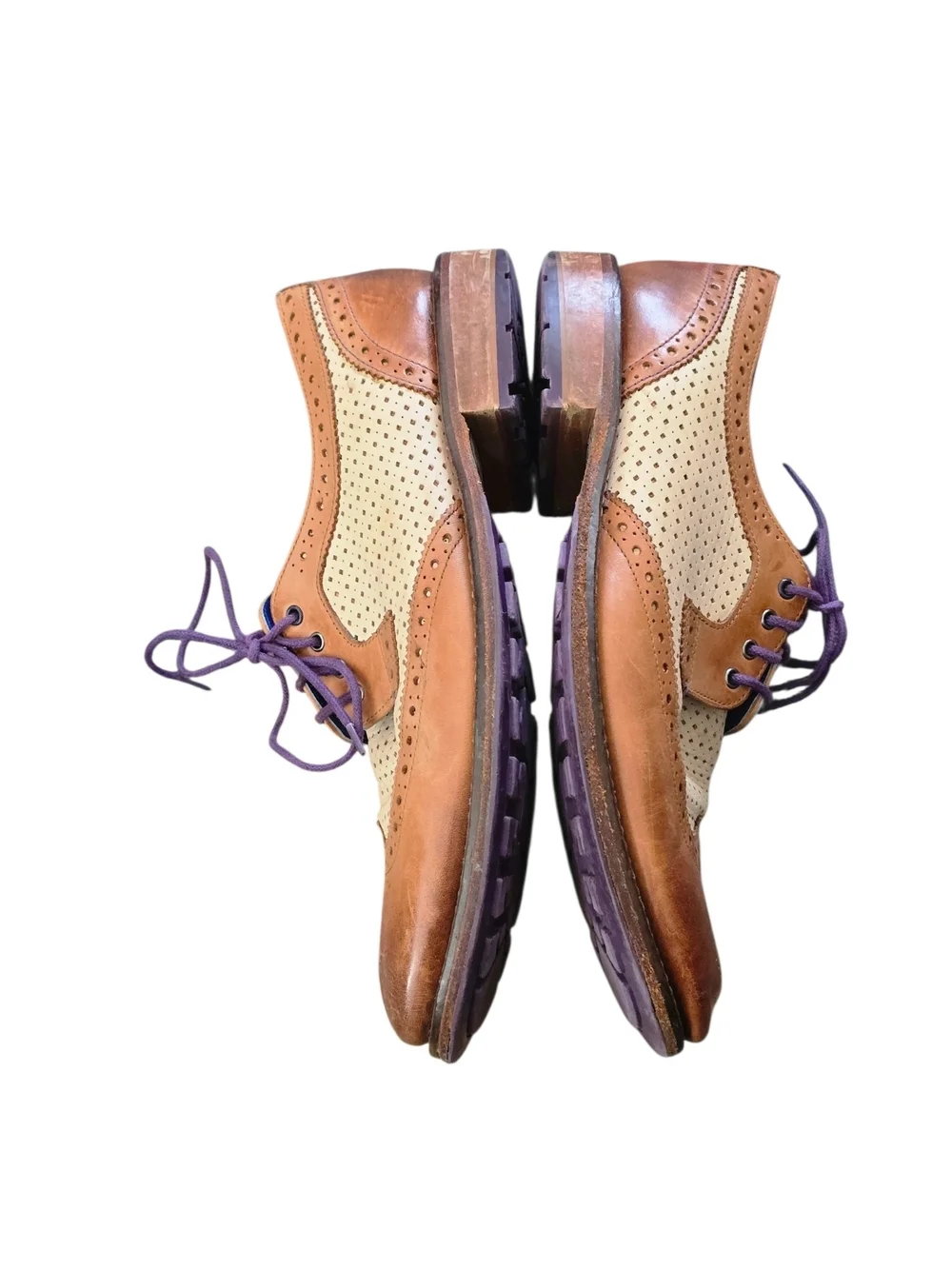 Ted Baker Two-Tone Brogue Derby in Tan, Cream and Purple Accents Men's Size 9